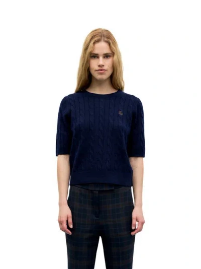 Gerard Darel Raisa Cable Knit Short Sleeve Sweater In Blue