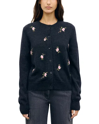 Gerard Darel Raymonde Wool Floral Intarsia Cardigan In Charcoal