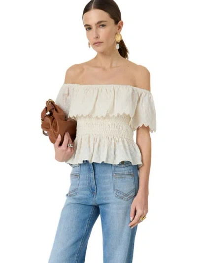 Gerard Darel Smocked Bardot Ruffle Eyelet Blouse In White