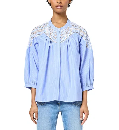 Gerard Darel Uvea Striped Lace Trim Blouse In Blue