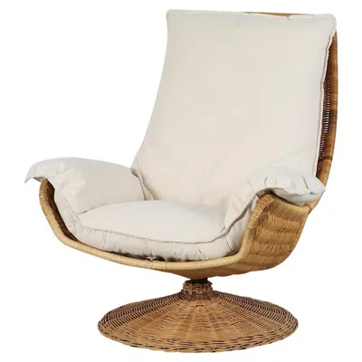 Pre-owned Gerard Van Den Berg 1970s  Rattan Swivel Chair, High Back, Canvas Cushion In Sand