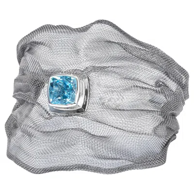 Pre-owned German Kabirski Ami Silver & Titanium Mesh Bracelet With Princess-cut Blue Topaz