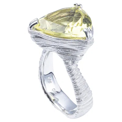 Pre-owned German Kabirski Anhur 925 Silver Ring With Natural Trillion-cut Lemon Quartz In Multi