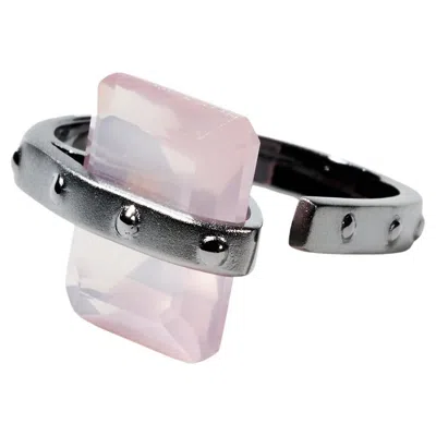 Pre-owned German Kabirski Arros Black Rhodium Plated Silver Ring With Rose Quartz In Red