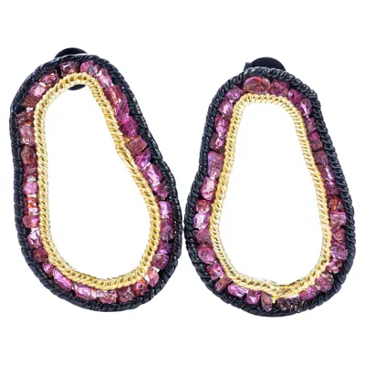 Pre-owned German Kabirski Arven Anthracite & 18k Gold Plated Silver Earrings With Raw Ruby In Multi