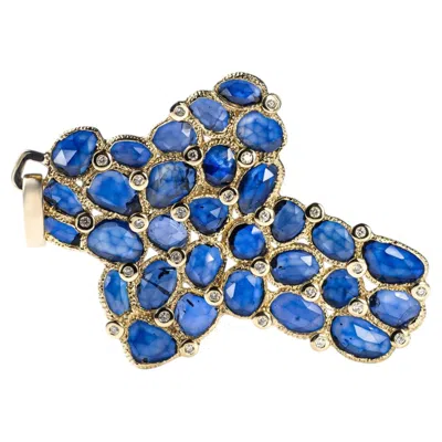 Pre-owned German Kabirski Asmani 14k Gold Cross Pendant With Blue Sapphire & Diamonds