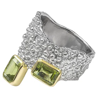 Pre-owned German Kabirski Aviv Asymmetric Textured Silver Ring With Octagon Cut Peridots In Multiple