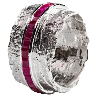 Pre-owned German Kabirski Bando Handcrafted Rhodium Plated Silver Ring With Natural Ruby In Multi