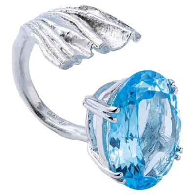 Pre-owned German Kabirski Caelum Textured Silver Open Ring With Oval Cut Blue Topaz