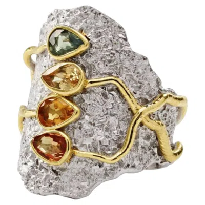 Pre-owned German Kabirski Callam Sterling Silver Ring With Mixed Color Pear Cut Sapphires In Multi