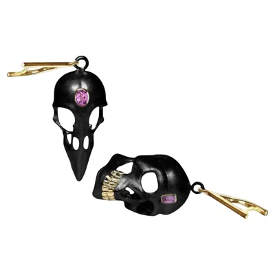 Pre-owned German Kabirski Calvina 18k Gold Plated Silver Skull Earrings With Amethyst In Purple