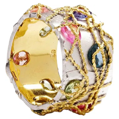 Pre-owned German Kabirski Canni Hallmark 925 Silver Ring With Mixed Color Sapphires In Multi