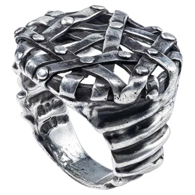 Pre-owned German Kabirski Chainmail Sterling Silver Ring With Cold, Machined Metal Effect In Multiple