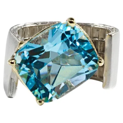 Pre-owned German Kabirski Creo 18k Gold Plated 925 Silver Open Band Ring With Blue Topaz