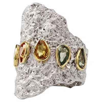 Pre-owned German Kabirski Culus White Rhodium Plated Silver Ring With Pear-cut Sapphire