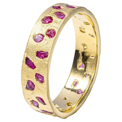 Pre-owned German Kabirski Cyrene 14k Gold Plated Silver Band Ring With Raw Pink Ruby