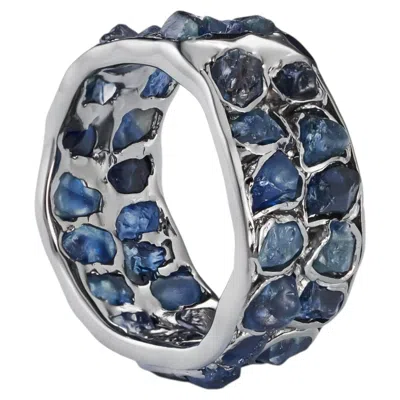 Pre-owned German Kabirski Dinara Black Rhodium Plated Silver Ring With Sapphire In Blue