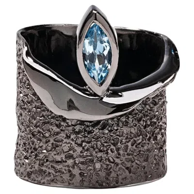 Pre-owned German Kabirski Eartha Black Rhodium Plated 925 Silver Ring With Blue Topaz