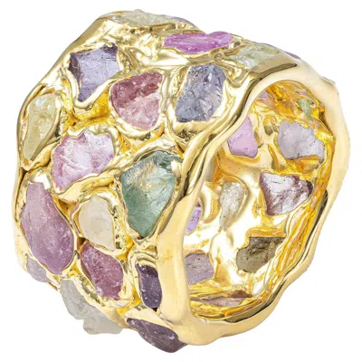 Pre-owned German Kabirski Elara 14k Gold Plated Silver Ring With Raw Sapphires In Multi