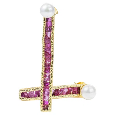 Pre-owned German Kabirski Esther 18k Gold Plated Silver Earrings With Raw Ruby & Pearl In Multi