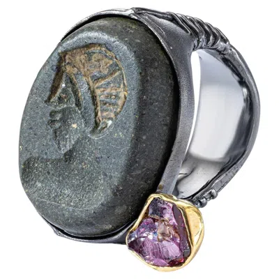 Pre-owned German Kabirski Faravahr 925 Sterling Silver Ring With Raw Ruby & Ancient Seal In Multi