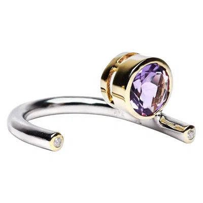 Pre-owned German Kabirski Gilda 18k Gold Plated Silver Ring With Round-cut Amethyst In Purple