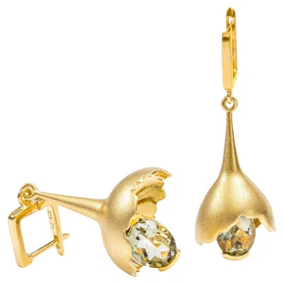 Pre-owned German Kabirski Gobl 14k Gold Plated Silver Dange Earrings With Green Amethyst In Purple