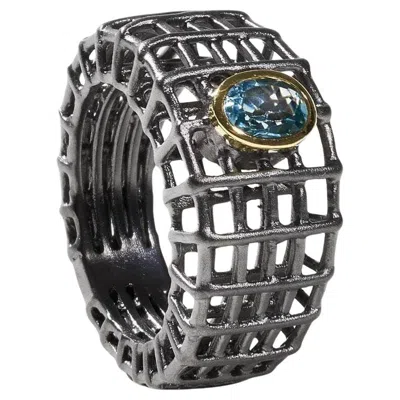 Pre-owned German Kabirski Grotel Black Rhodium Plated Silver Ring With Blue Topaz