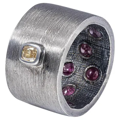 Pre-owned German Kabirski Intra 925 Sterling Silver Statement Ring With Diamond & Rubies In Multi