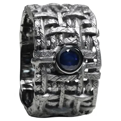 Pre-owned German Kabirski Kail Black Rhodium Plated Silver Ring With Round Blue Sapphire