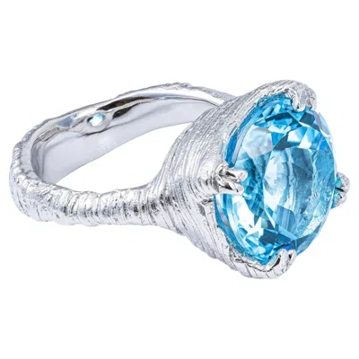 Pre-owned German Kabirski Kaio Silver Textured Ring With Round Cut Blue Topaz