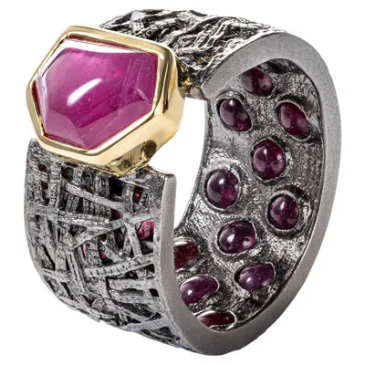 Pre-owned German Kabirski Kay Black Ruthenium & Gold-plated Silver Barrel Ring With Ruby