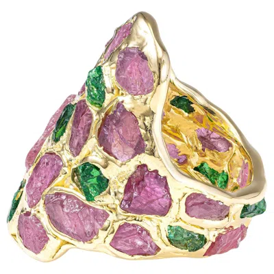 Pre-owned German Kabirski Kelea 14k Gold Plated Silver Ring With Raw Spinel & Tsavorite In Multi