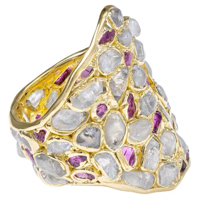Pre-owned German Kabirski Kelea 14k Gold Plated Silver Ring With Raw Zircon & Ruby In Multi