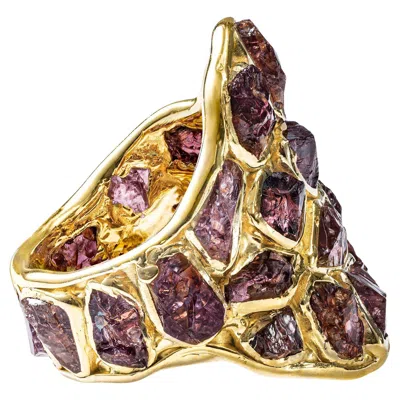 Pre-owned German Kabirski Kelea 14k Gold Plated Silver Ring With Rough Pyrope Garnet In Multi