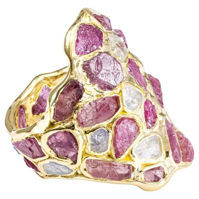 Pre-owned German Kabirski Kelea 14k Gold Plated Silver Ring With Rough White Zircon & Ruby