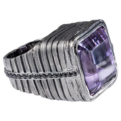 Pre-owned German Kabirski Liron Singular Edition Silver Ring With Amethyst & Black Spinel In Purple