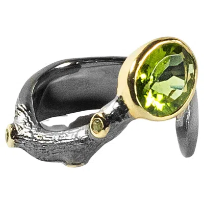 Pre-owned German Kabirski Luonto Rhodium & Gold Plated Silver Open Band Ring With Peridot In Multi