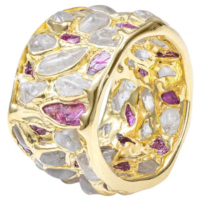 Pre-owned German Kabirski Lythara 14k Gold Plated Silver Ring With Raw Zircon & Ruby In Multi