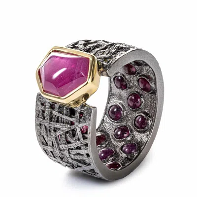 German Kabirski Men's Black / Pink Kay Singular Edition Silver Barrel Ring With Fancy Cut Ruby In Red