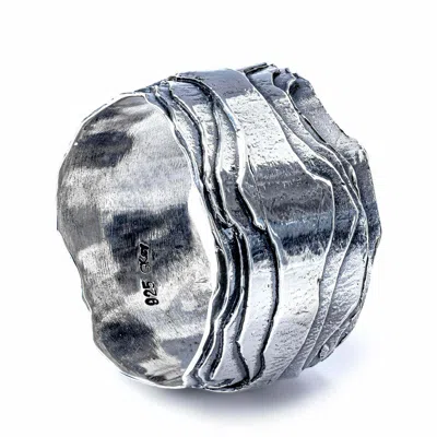 German Kabirski Men's Brocante Oxidized Silver Ring With Shiny Layered Texture