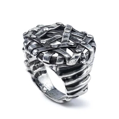German Kabirski Men's Chainmail Sterling Silver Ring With Cold, Machined Metal Effect
