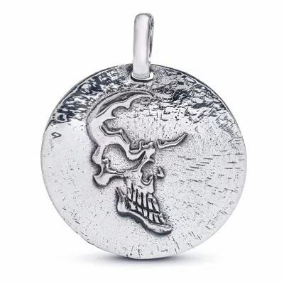 German Kabirski Men's Dhara Oxidized Sterling Silver Round Pendant With Half Skull Relief