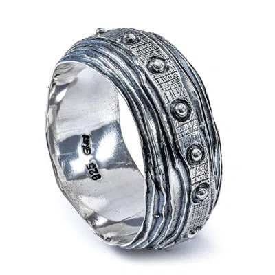 German Kabirski Men's Flumen Oxidized Silver Thin Ring With Layered Texture And Rivet Details