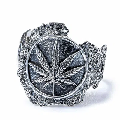 German Kabirski Men's Kush Oxidized Silver Ring With Cannabis Symbol