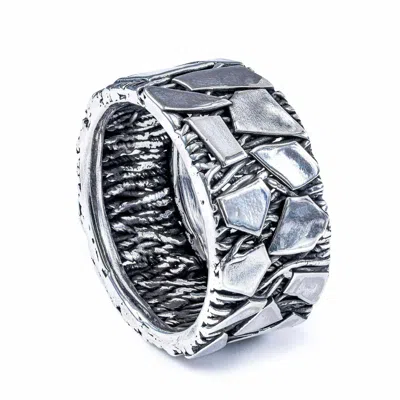German Kabirski Men's Pavois Oxidized Silver Ring With Shard Like Texture