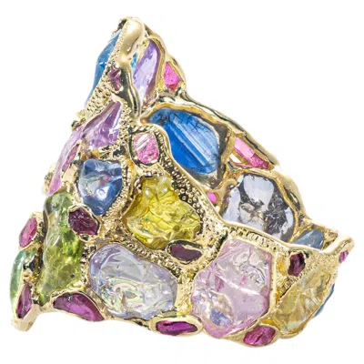 Pre-owned German Kabirski Midas 14k Gold Ring With Mixed Raw Sapphire & Ruby In Blue