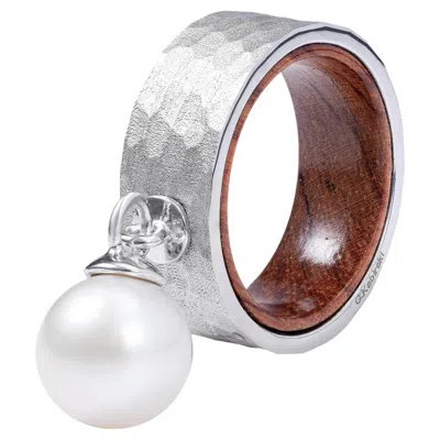 Pre-owned German Kabirski Naia Silver & Rosewood Ring With Suspended Freshwater Pearl In Multiple