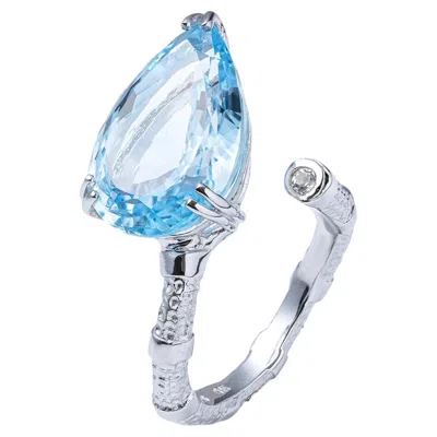 Pre-owned German Kabirski Neith Sterling Silver Thin Open Ring With Pear-cut Blue Topaz