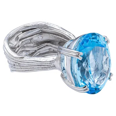Pre-owned German Kabirski Nila Textured Silver Ring With Natural Oval-cut Blue Topaz